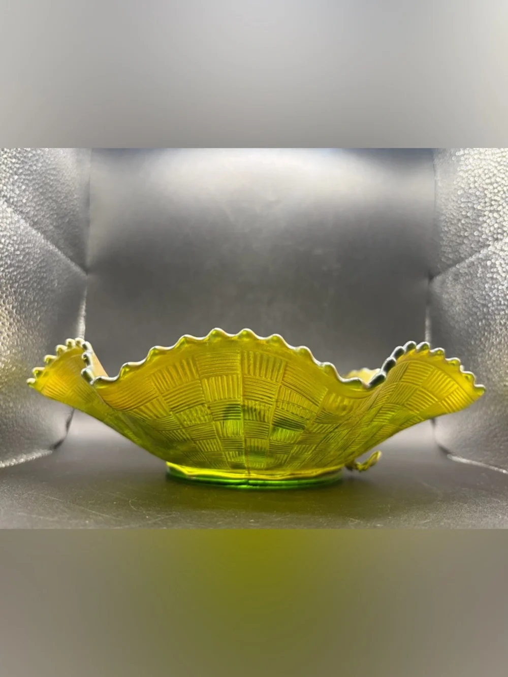 Northwood Antique Green Carnival Glass Strawberry Basketweave Ruffle Edge Bowl